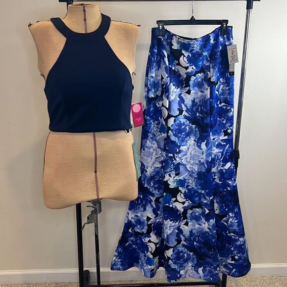 NWT My Michelle 2-Piece Halter Mermaid Blue Floral Formal Prom Dress - Size 11 - Picture 3 of 16